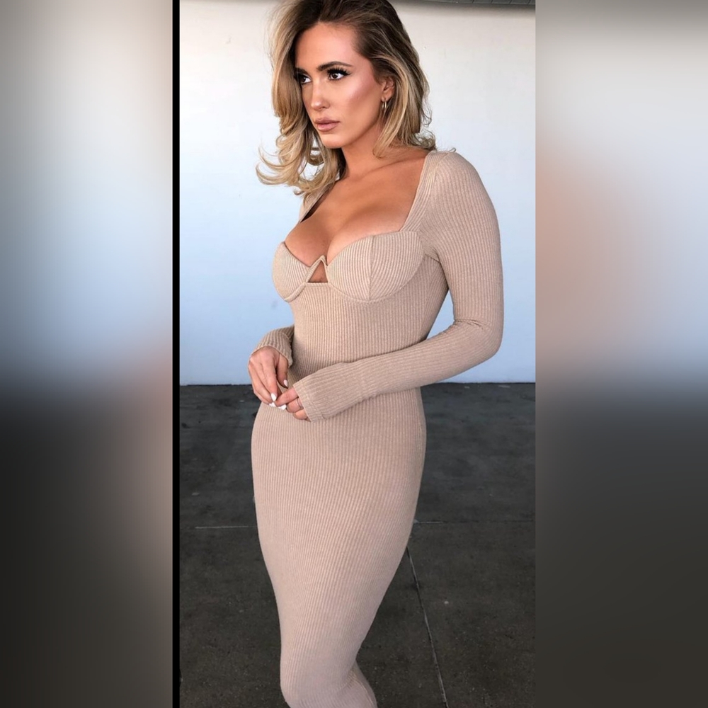 Oh Polly Into Knit Underwire Bust Ribbed Midi Dress Nude/Beige